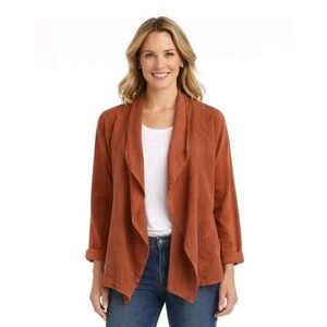 FLAX Medium Linen Open Front Jacket Rust Waterfall Cardigan Topper Pockets Lagen